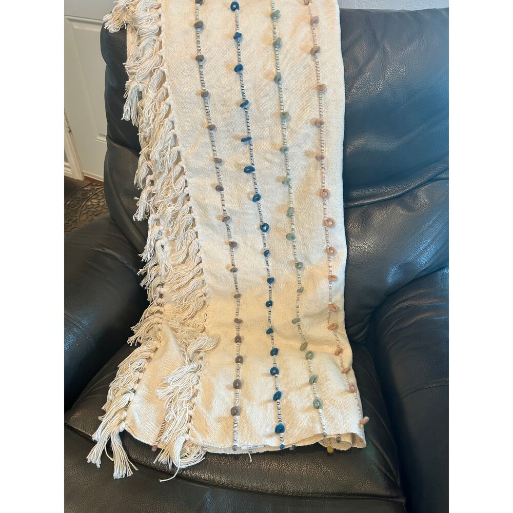 Boho Woven Cotton Wool Throw Blanket – Cream with Colorful Tufted Dots & Fringe